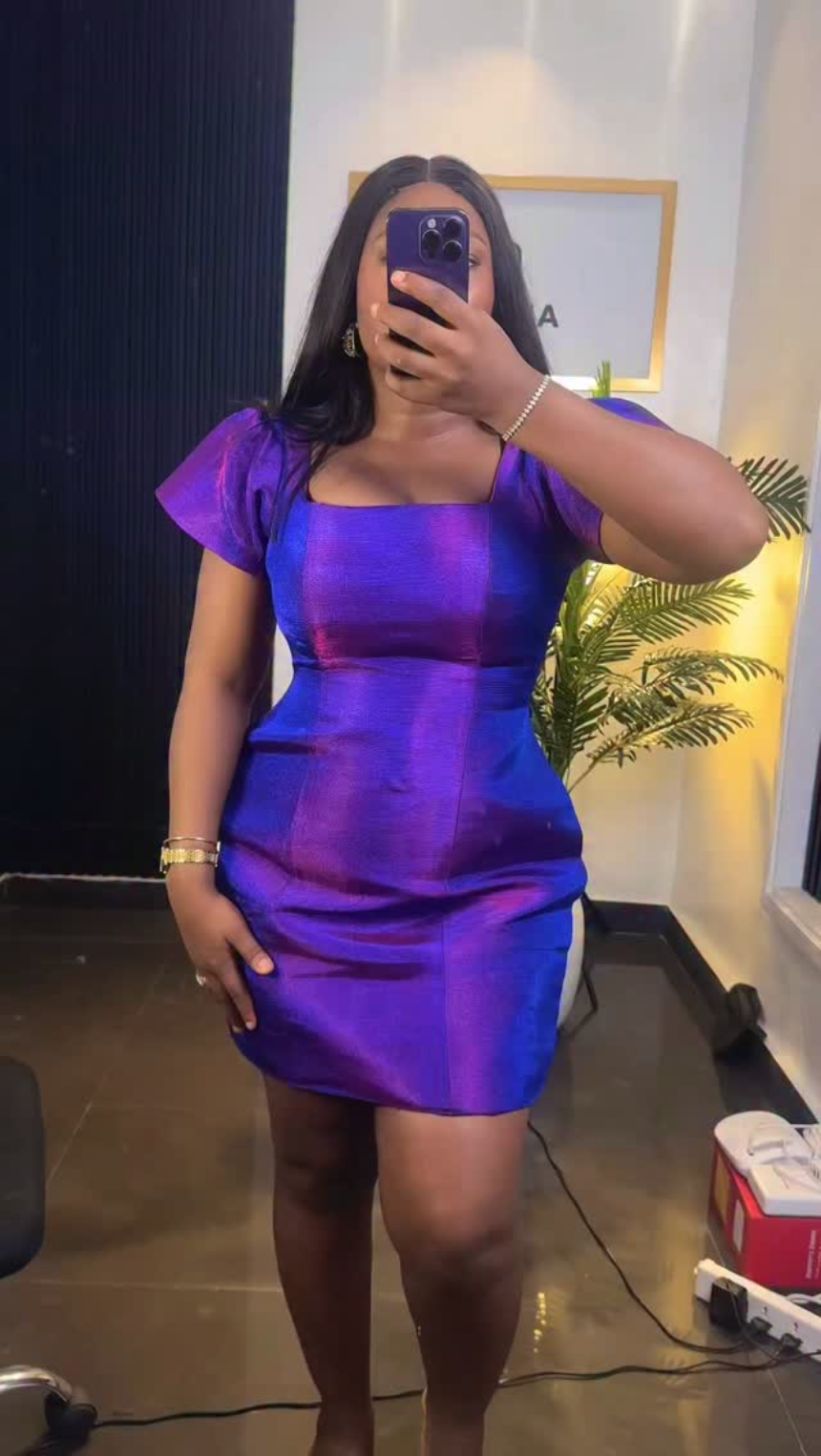 Two-tone purple Aṣọ Òkè mini dress with cap sleeves