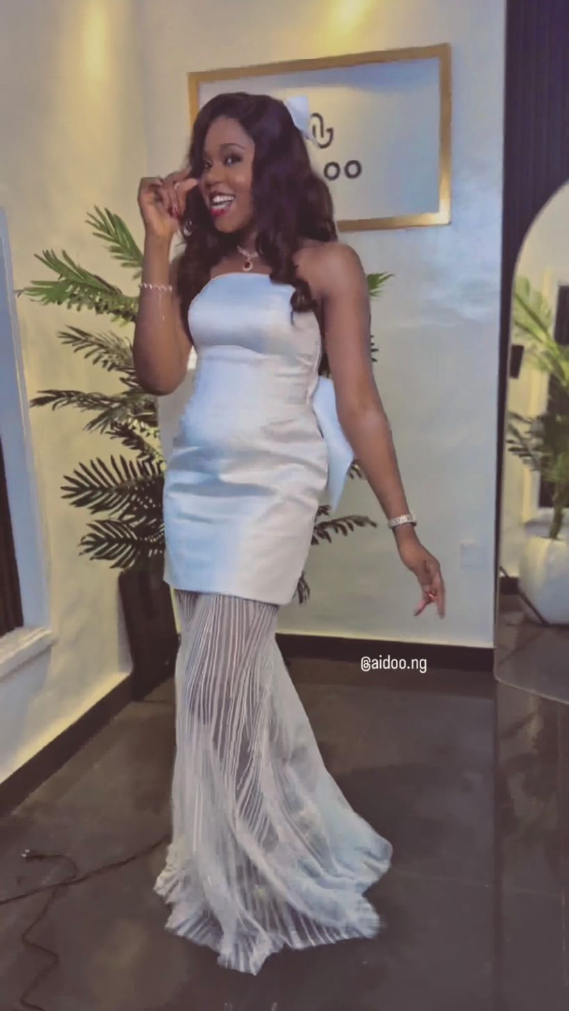 Ivory satin court wedding dress with sheer striped mermaid skirt