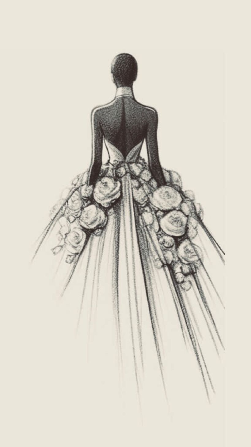 Pencil sketch of an open-back gown with a rose-covered skirt
