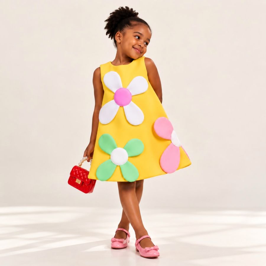 Girl in a yellow A-line dress with white, pink and green flowers