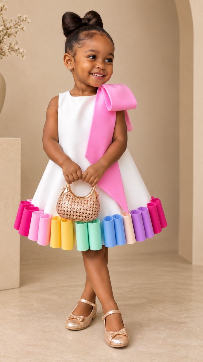 Smiling girl in a white dress with a pink sash and rainbow roll hem, holding a gold bag